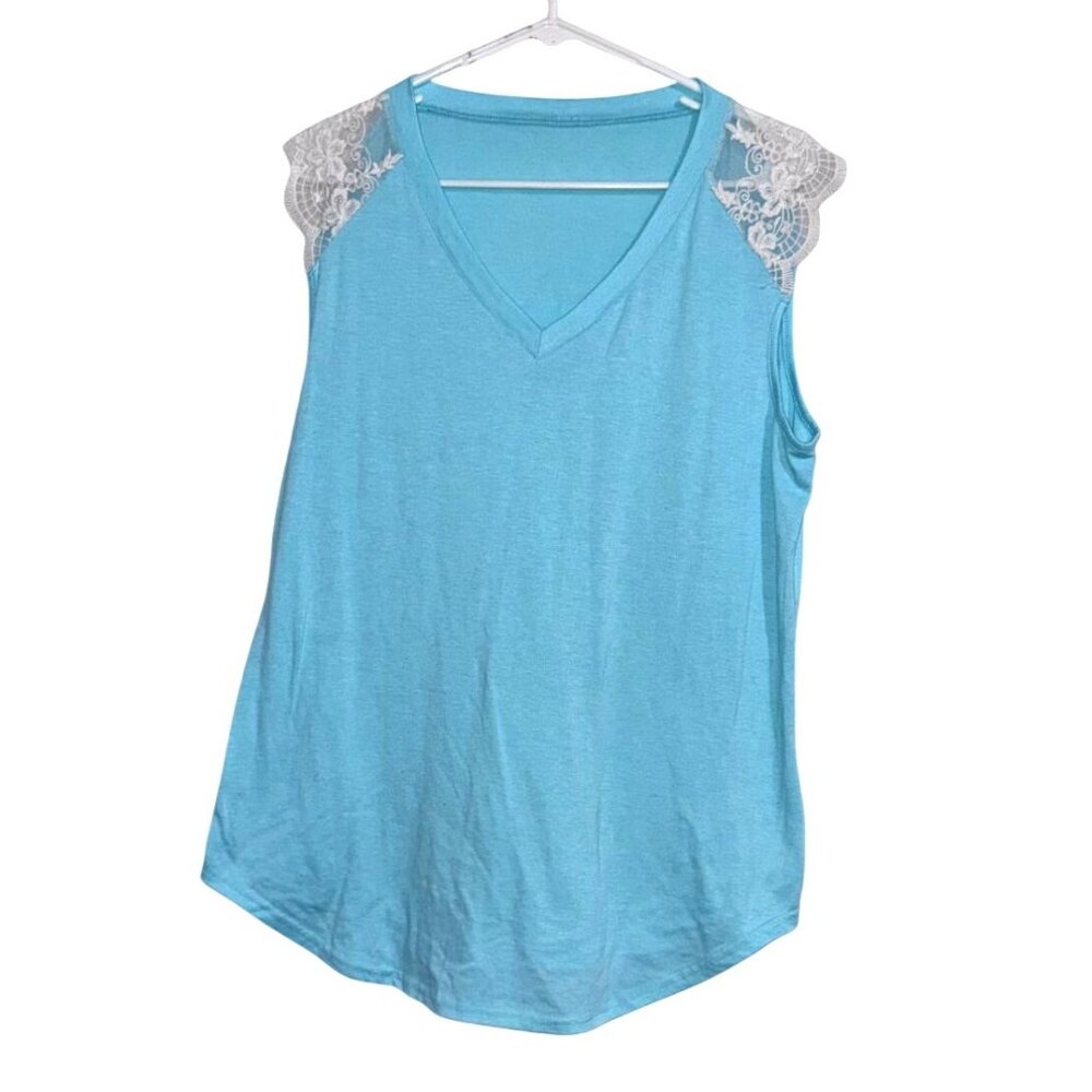 Blue Sleeveless V-Neck Top With Lace Shoulders